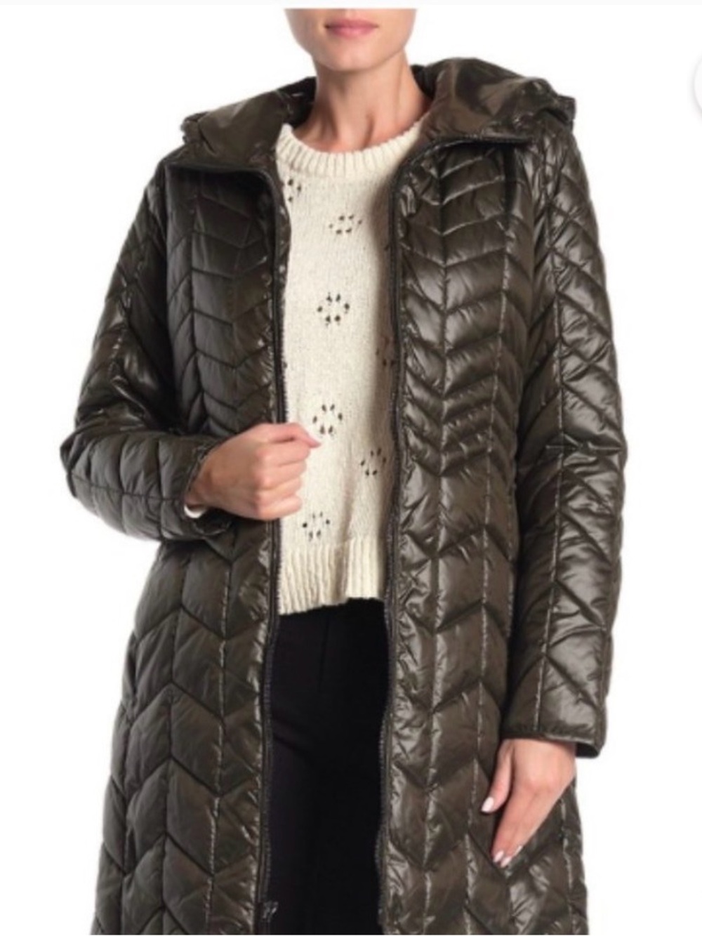 Kenneth Cole Olive Chevron-Quilt Long Puffer Coat with Hood